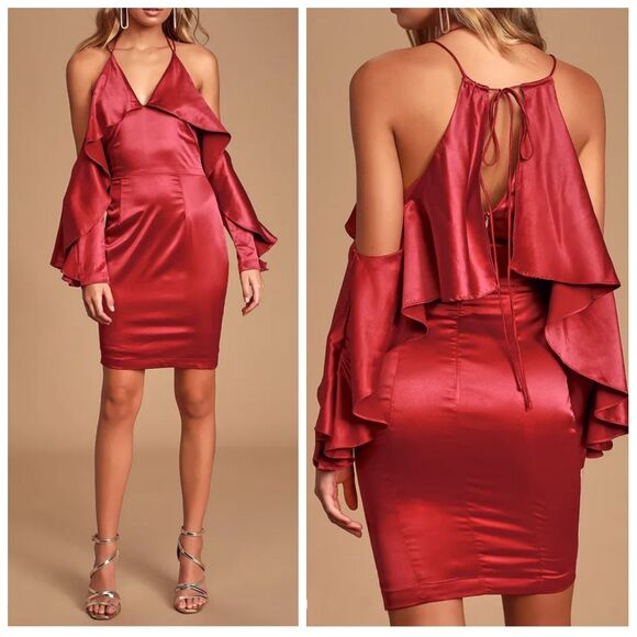 Lulus Thrill of the Night Red Pink Satin Cold Shoulder Mini Dress - Picture 1 of 4
